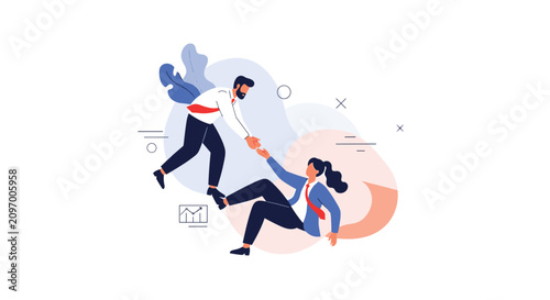 Supportive businessman reaching out to help a businesswoman climb up to a higher level, symbolizing mentorship and teamwork.