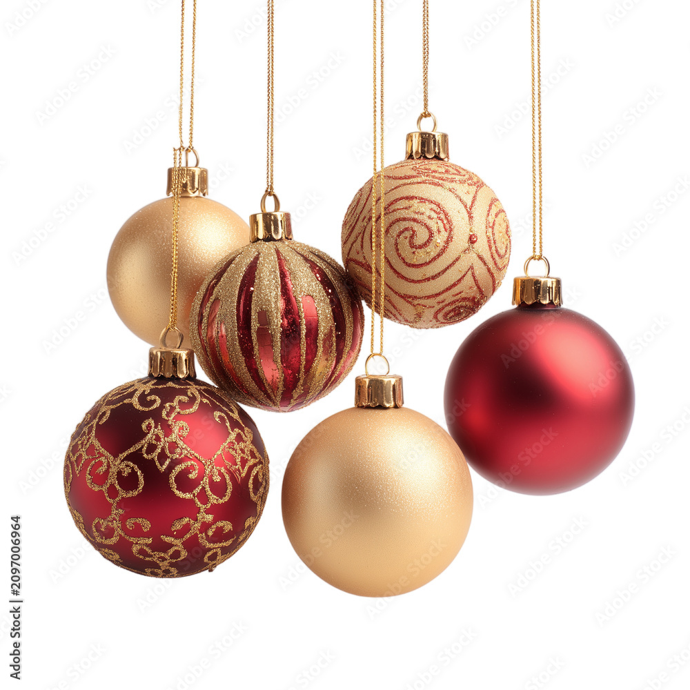 Fototapeta premium Set of shiny Christmas baubles on strings isolated on transparent background. PNG. Generated AI