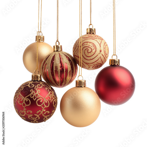 Set of shiny Christmas baubles on strings isolated on transparent background. PNG. Generated AI