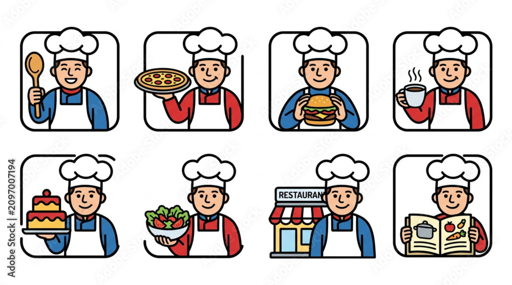 Fototapeta premium Colorful Chef Character Restaurant Mascot Icon Collection Vector