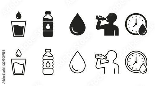 Hydration and Water Drinking Vector Icons Set – Minimalist Wellness Illustrations