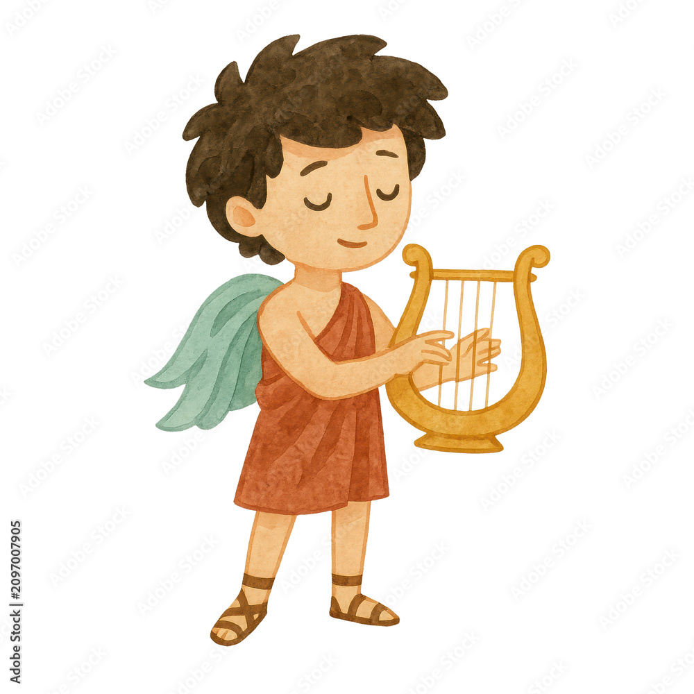 Obraz premium PNG Cartoon cherub playing lyre