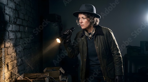 A woman in a fedora hat exploring a dark basement with a flashlight