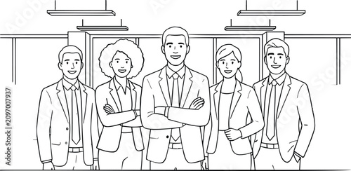 Successful business team standing together in modern office space vector line art illustration for corporate concept advertisement.