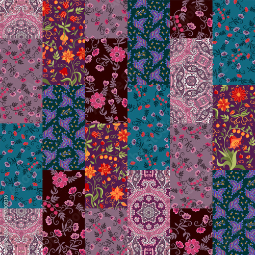 Seamless patchwork pattern with floral and geometric ornaments. Quilt design....