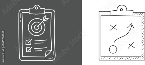 Fotografie Strategy planning clipboard icons with hand drawn goal target and game plan sketches set