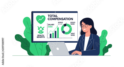 Business Woman Reviewing Total Compensation Package and Employee Benefits Dashboard Illustration