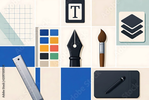 Graphic Design Tools Icons with Palette, Pen, Brush, Ruler, Tablet, Text, Layers, and Creative Grid