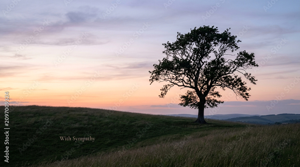 Fototapeta premium Solitary oak tree silhouette at sunset, peaceful meadow landscape with soft pink and purple sky, tranquil nature background for sympathy or meditation