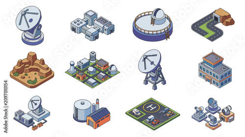 Collection of isometric icons representing various scientific and industrial facilities and structures.
