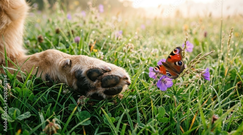 Fototapeta premium Dog paw reaching towards a butterfly in a sunny meadow