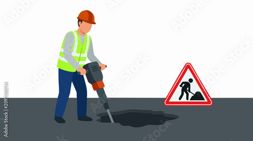 Construction worker using jackhammer on road with warning sign, vector illustration