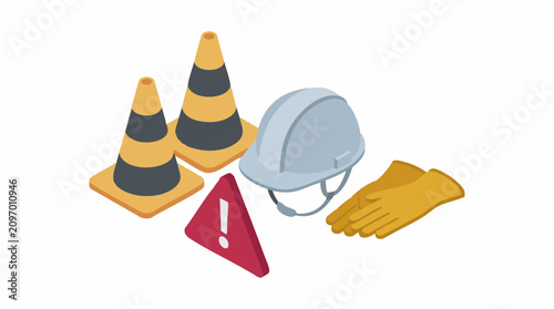 Isometric construction safety equipment: traffic cones, hard hat, warning sign, gloves