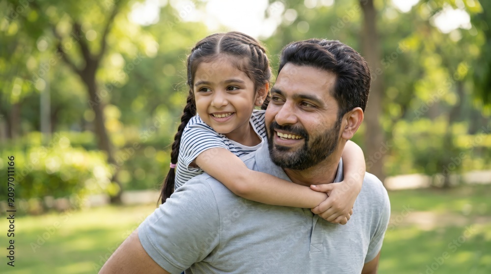 Fototapeta premium Indian Father and Daughter Smiling During Piggyback Ride in Green Park, Family Bonding, Happy Parenting, Outdoor Lifestyle, Realistic Minimalist Microstock Portrait