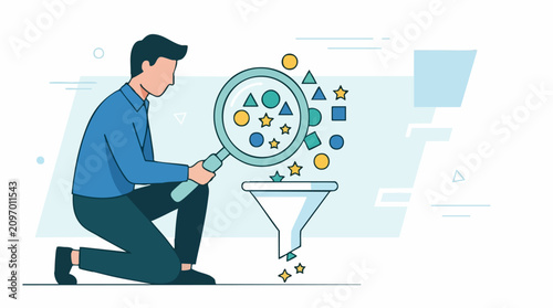 Quadro su tela Data filtering and analysis illustration with person and magnifying glass