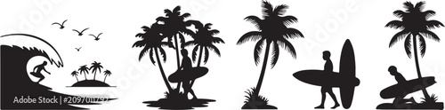 Canvastavla Silhouette Surfers And Palm Trees On White Background