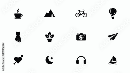 Minimalist black and white icon set featuring everyday activities and objects on light background with minimalist collection twelve black silhouette icons arranged grid