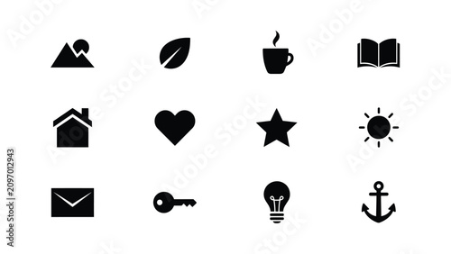 Minimalist black icons set featuring home love learning and creativity symbols on light background with inspiration through universally recognizable shapes house