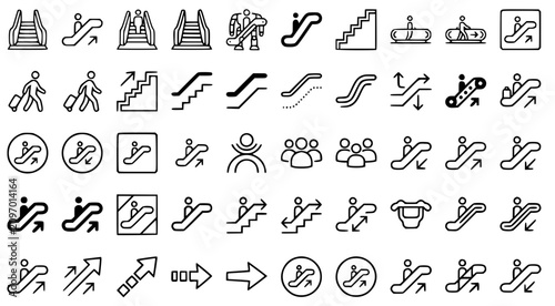 Set of escalator and elevator navigation icons for architectural wayfinding and building signage in a clean black and white line art style for accessibility and floor planning projects