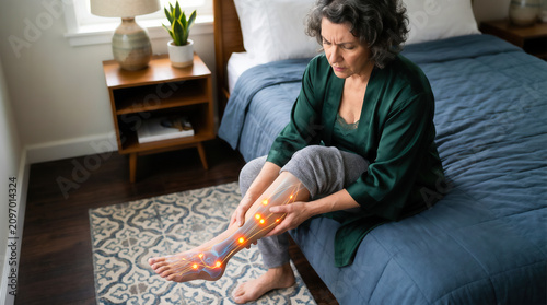 Woman suffering from varicose veins on sofa indoors, closeup.