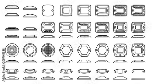Tableau sur toile Road safety reflective pavement markers and cat eyes vector icon set representin