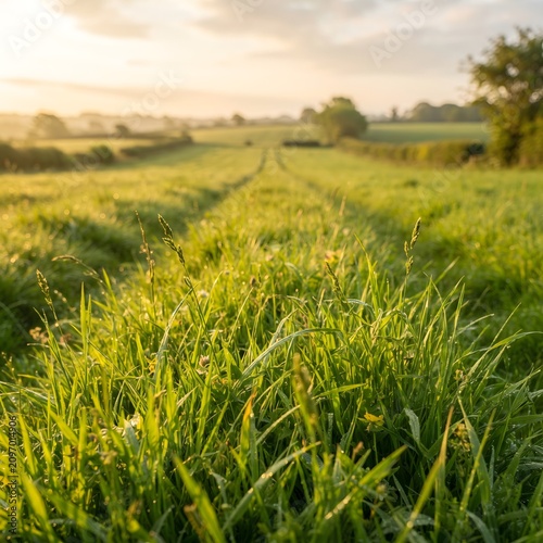 Golden wheat field at sunrise with morning dew. Agricultural landscape with vibrant green crops ready for harvest in summer season