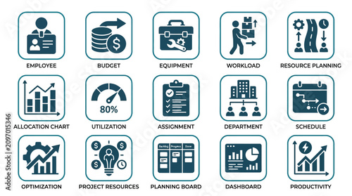 Icons represent various business tasks.