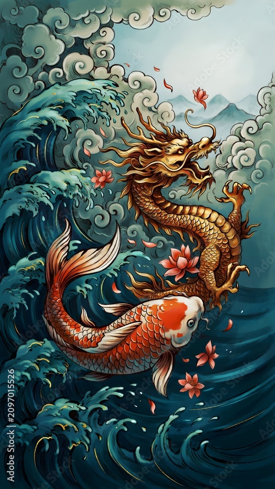 Obraz premium Powerful koi fish transforming into an ethereal dragon while swimming through swirling waves and clouds, symbolizing perseverance and success, dramatic oriental fantasy composition, gold accents
