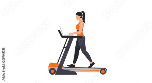 Woman Working on Laptop While Walking on a Treadmill Illustration - Healthy Lifestyle and Productivity Concept in Flat Vector Style