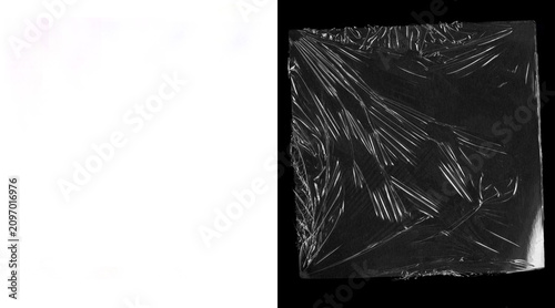 Canvastavla Transparent plastic wrap texture on black background, wrinkled cellophane overla