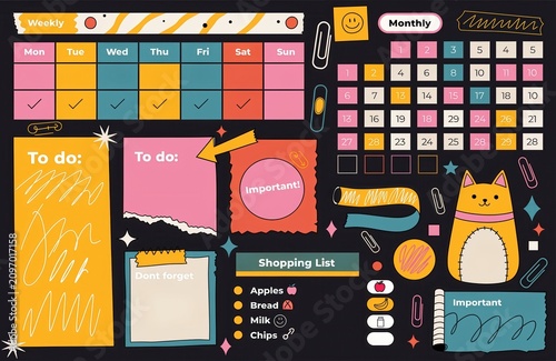 Colorful Digital Planner and Bullet Journal Elements Set with Weekly Monthly Calendar To-Do Lists and Cute Cat Illustration
