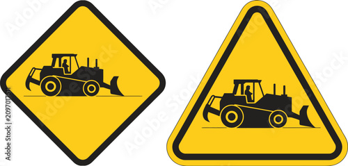 Photos Construction Vehicle Warning Icon featuring loader machinery, hazard symbols, safety signs, industrial equipment, and worksite caution concepts