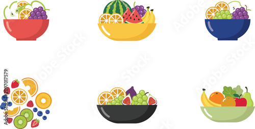Obraz na plátně Colorful Fruit Bowls with Assorted Fresh Fruits in Decorative Arrangements