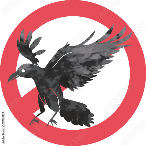 Fotografie カラスの進入・ゴミ荒らし禁止マークのイラスト。手書き風の害鳥対策や注意喚起サイン。