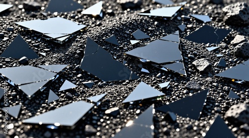 Sharp dark obsidian shards rest on black volcanic sand. Broken glass pieces reflect light, showing vitreous surfaces and geological texture. Natural material fragments show rough ground.