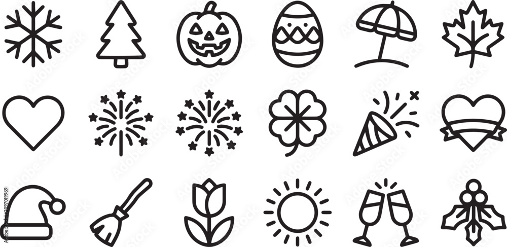 Fototapeta premium Seasonal and festive holiday celebration outline icon set for event planning and calendar design with diverse cultural symbols and nature motifs
