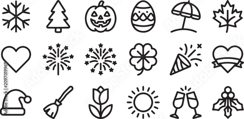 Seasonal and festive holiday celebration outline icon set for event planning and calendar design with diverse cultural symbols and nature motifs