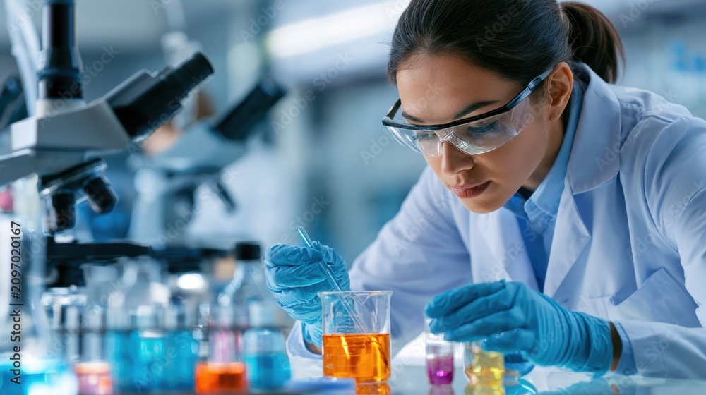 Fototapeta premium Female scientist wearing protective glasses and gloves conducting chemical experiment with liquid in beaker in modern laboratory setting with microscope