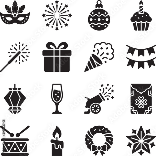 Christmas Icons Set Vector Collection with Tree Gift Hat Star Holiday Symbols Black Silhouette Illustration Design for Winter Celebration and Web Use