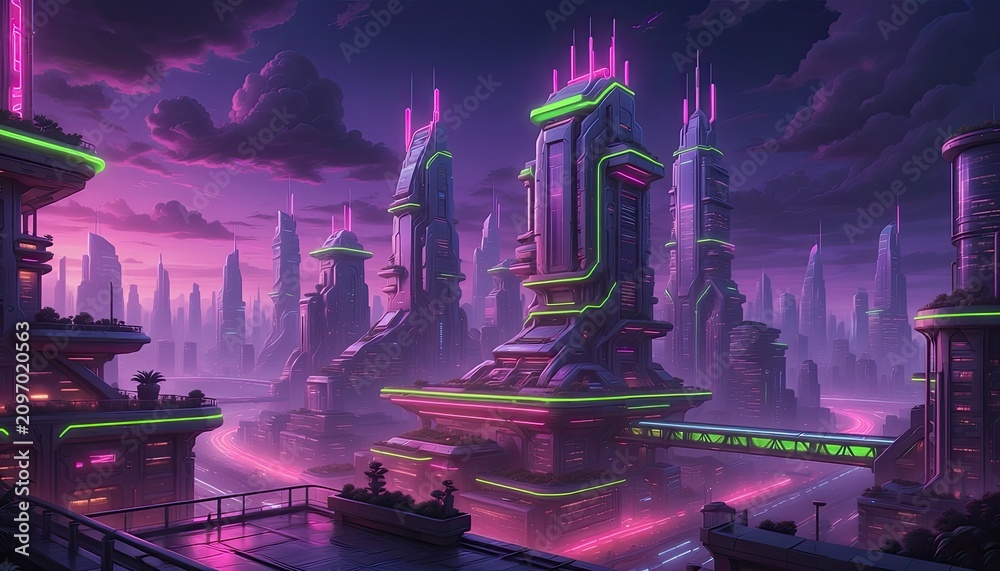 Naklejka premium Futuristic Cyberpunk Cityscape at Night with Neon Lights, Purple and Pink Hues, Flying Cars