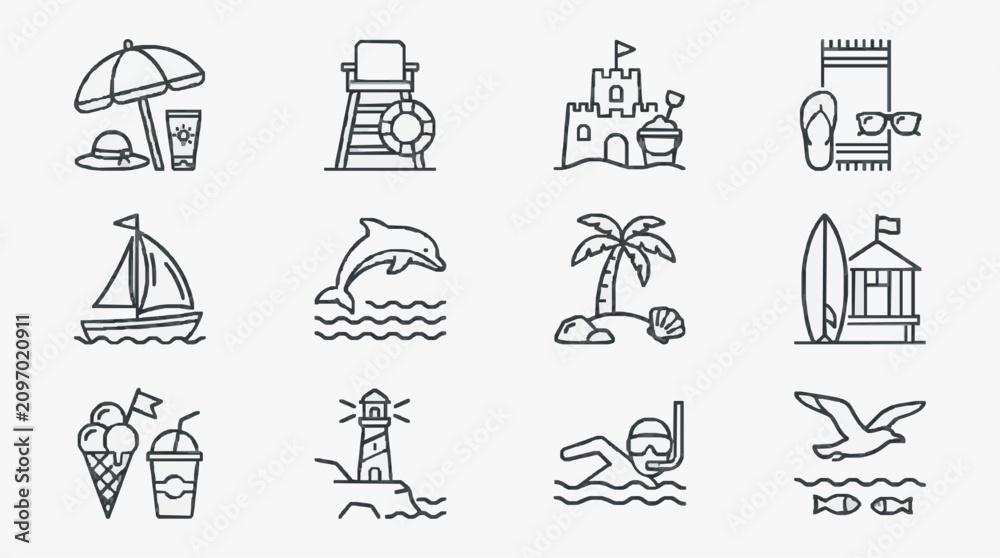 Fototapeta premium Industrial Style Black and White Line Icons Set of Beach and Water Themed Illustrations for Digital Use