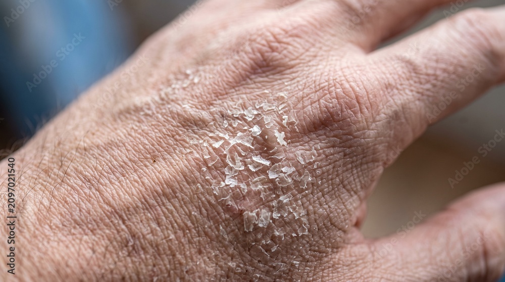 Naklejka premium Dry flaky skin on a human hand close-up showing dermatological issues
