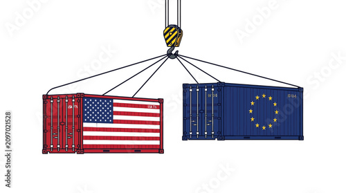 Industrial crane lifting heavy shipping containers featuring flags of the united states and european union