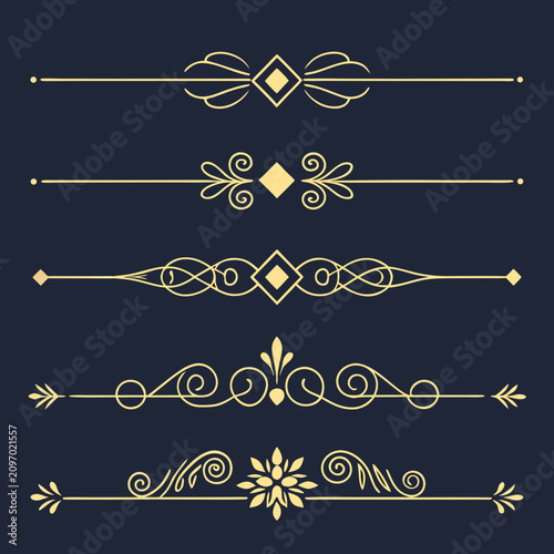 Decorative golden dividers and elegant scroll ornaments set for luxury invitation design collection of calligraphic flourish borders and line filigree elements on dark blue background vector art.
