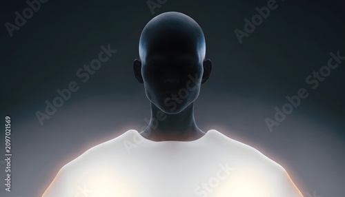 Glowing humanoid silhouette with neon outline. Artificial intelligence and virtual identity. Minimalist android bust radiating light in a dark digital space