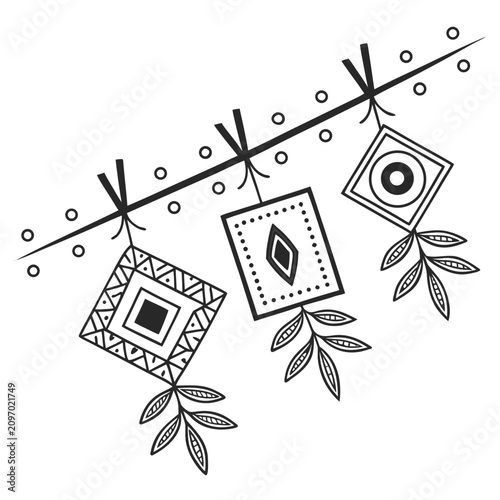 Decorative hanging elements featuring geometric shapes and leaves on a string, stylized illustration for ethnic or boho design themes.
