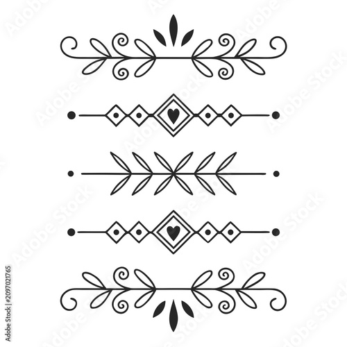 Five decorative vector dividers, elegant ornament set, calligraphic design elements, isolated on white background, vintage borders, horizontal line art collection, black and white flourishes.