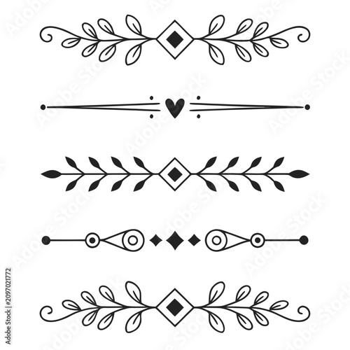 Five decorative vector dividers, elegant ornament set, calligraphic design elements, isolated on white background, vintage borders, horizontal line art collection, black and white flourishes.