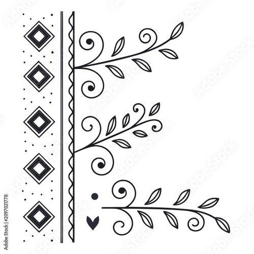 Decorative vector corner element with floral and geometric patterns, elegant ornament, calligraphic design, isolated on white background, vintage border, black and white flourish, classic style.