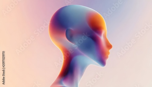 Vibrant holographic profile of an abstract human face. Colorful artificial intelligence and mental health concept. Cyber mannequin silhouette facing right on pastel backdrop
